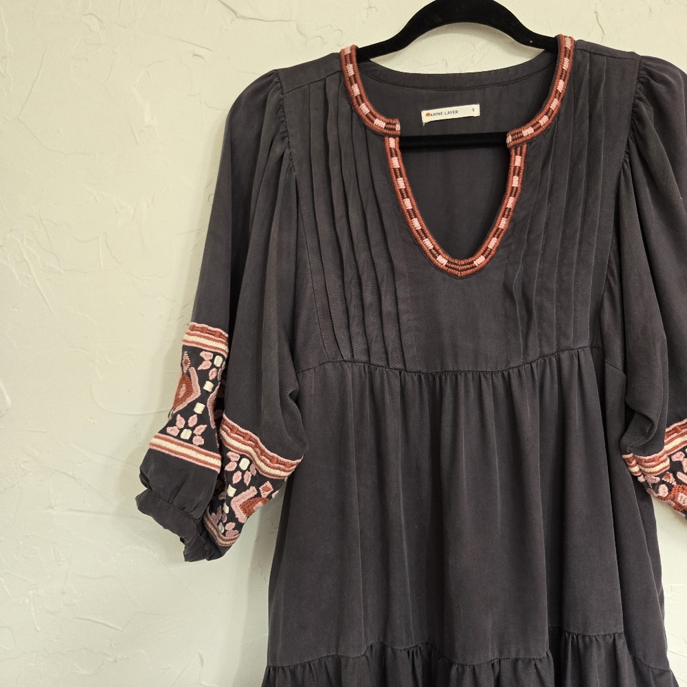 Marine Layer Gray Pink Embroidered Tiered Babydoll Dress - Picture 2 of 12